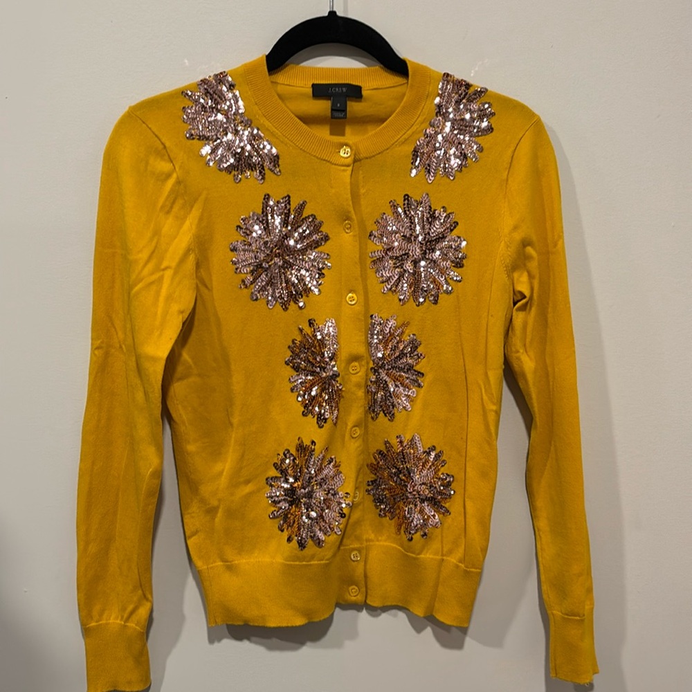 J. Crew Yellow Sequin Sweater Cardigan Size Small EUC